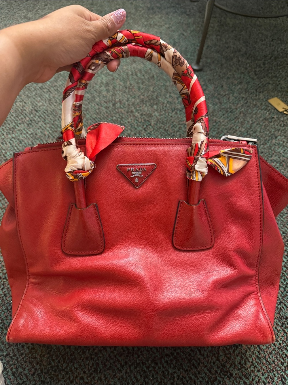 Prada Red Leather Top-Handle Satchel with Printed Scarf-Wrapped Handles